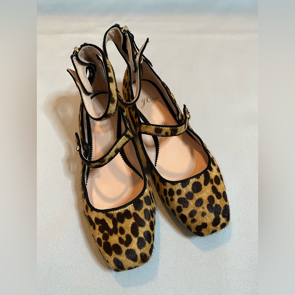 J.Crew Animal Print Ankle Strap Leather Flats Square Toe Women's Size 6